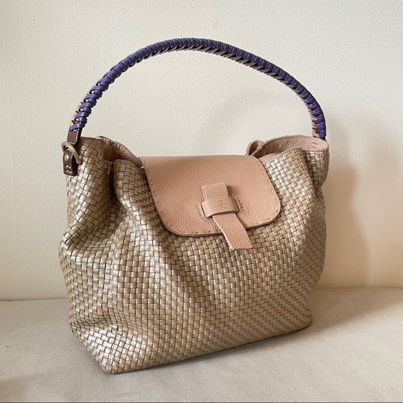 Henry Beguelin Handbags - Henry Beguelin gold woven leather tote purse shoulder bag handbag purple handle
